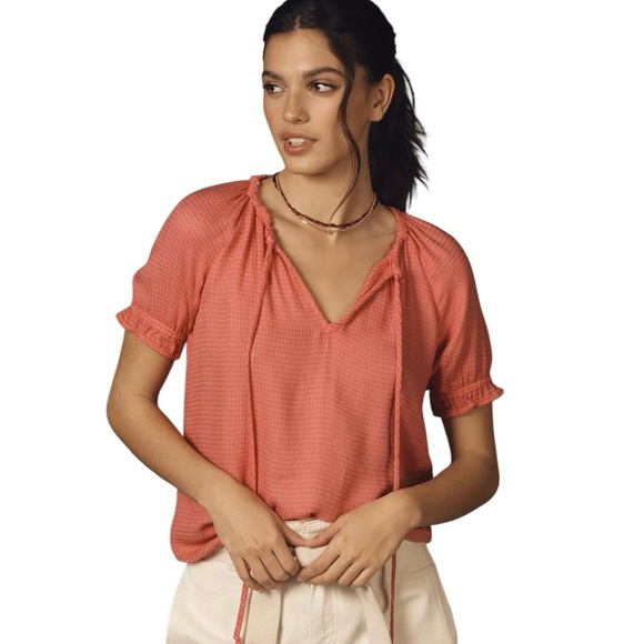 Cloth & Stone Anthropologie Short Sleeve Tie-Neck Top‎ in Pink Rose Sz M - Picture 1 of 9